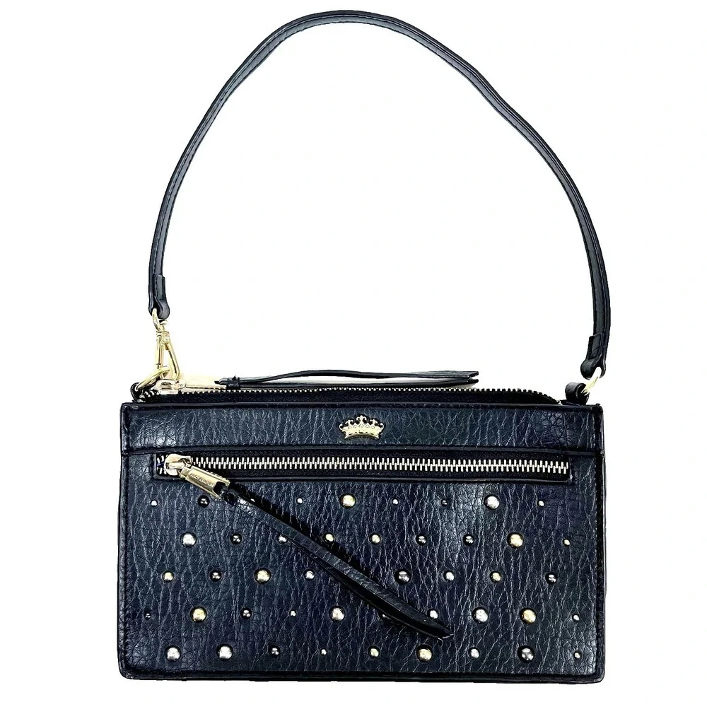 Juicy Couture Los Angeles Black‎ Studded Faux Leather Shoulder Bag Blue Lining